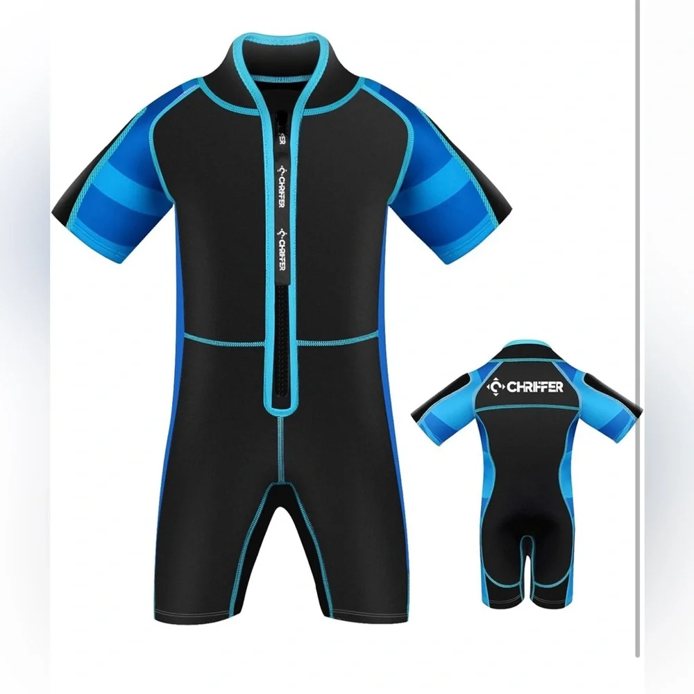 Chriffer Kids Large Shorty Wetsuit‎ Blue Black Front Zip Swim Surf NIP